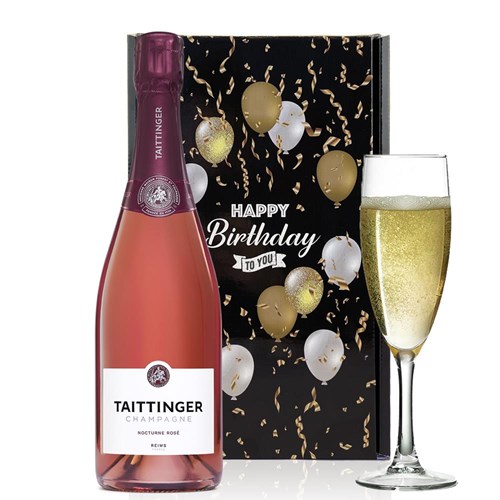 Taittinger Nocturne Rose Sec Champagne 75cl And Flute Happy Birthday Gift Box